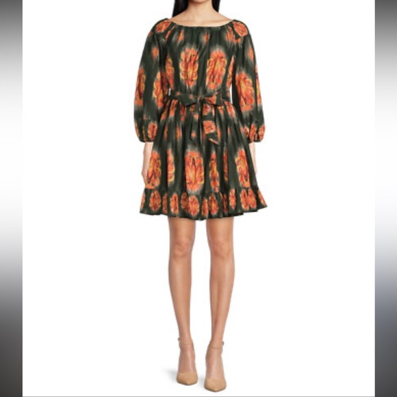 A Loves A Dresses & Skirts - A Loves A A-LINE DRESS 100% COTTON POPLIN SQUARE NCK BELTED ABSTRACT FLORAL SZ L